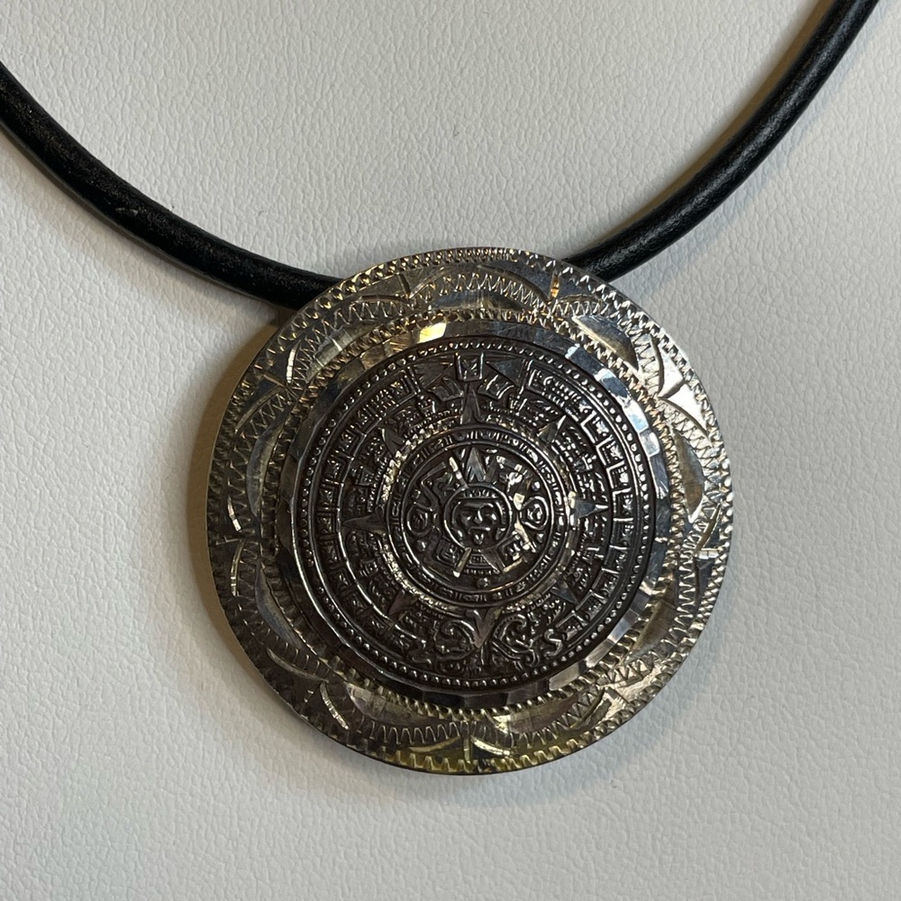 Mayan Calendar Sterling Silver Pendant on Black Leather Necklace